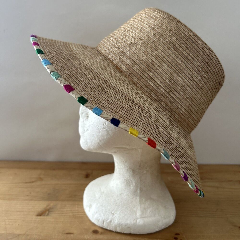 SUNSHINE TIENDA Hat NWOT Palm Leaf Sunhat Colorful Rainbow Brim Beach XS/S 56 cm